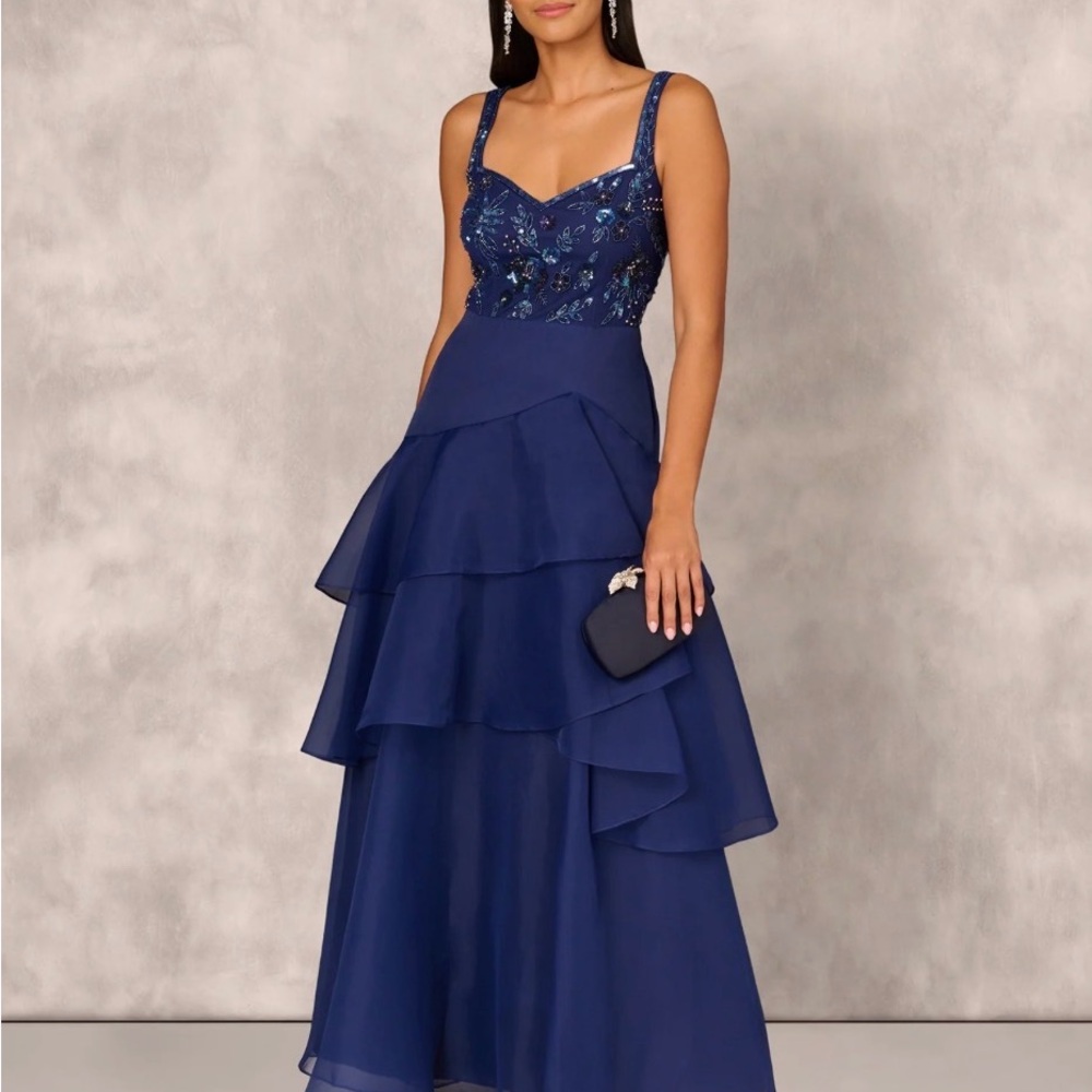 Aidan Mattox Navy Blue Layered Maxi Dress by Adrianna papell